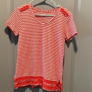 Talbots Red White Stripe Tee Lace Trim Cotton Modal Preppy Coastal Top XS